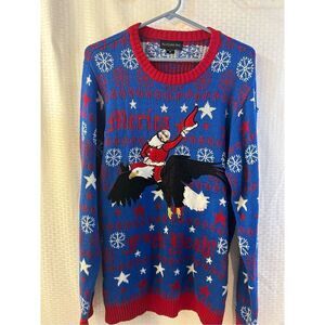 Blizzard Bay Christmas sweater Mens M Red Blue Eagle Santa "Merica" Stars Fxck D